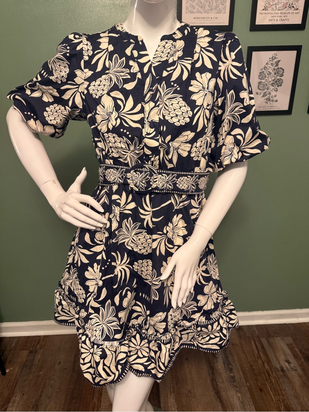 Joie Navy and Cream Tropical Print Belted Mini Dress NWT Size 4